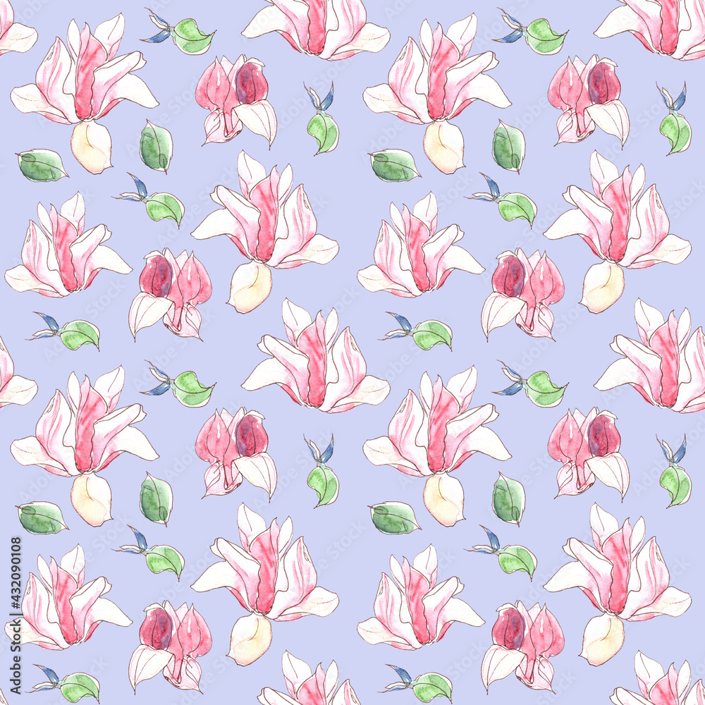 Seamless pattern with watercolor spring magnolia flowers on violet background