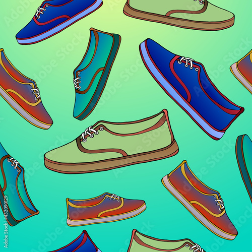 Sports shoes seamless pattern, color hand-drawn illustration on white background.