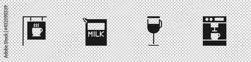 Set Street signboard coffee, Paper package for milk, Irish and Coffee machine icon. Vector