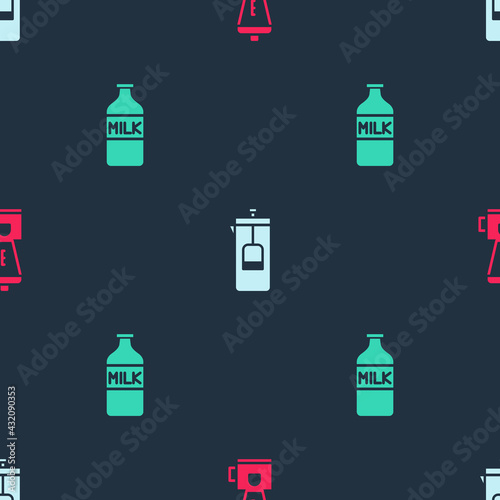 Set Electric coffee grinder, French press and Bottle with milk on seamless pattern. Vector