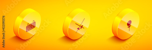 Set Isometric Sport mechanical scoreboard, Fencing and Golf ball on tee icon. Vector