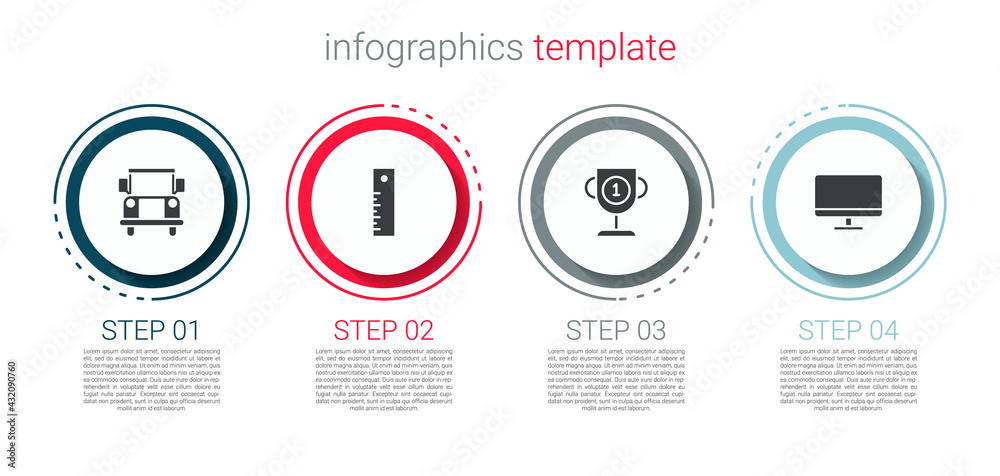 Set School Bus, Ruler, Award cup and Computer monitor screen. Business infographic template. Vector Set School Bus, Ruler, Award cup and Computer monitor screen. Business infographic template. Vector