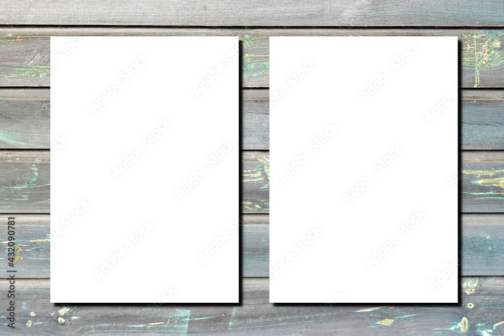Blank white paper a4 sheet two page of brochure on wooden desk plank background Blank white paper a4 sheet two page of brochure on wooden desk plank background