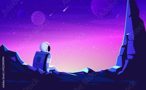 Astronaut on alien planet in far galaxy. Cosmonaut in suit and helmet sitting on a rock on another planet. Vector cartoon illustration of spaceman, cosmos and planet surface with stones, cracks.