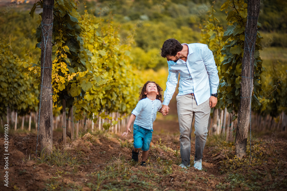 Father and son walk through the vineyard. Father and son walk through the vineyard.