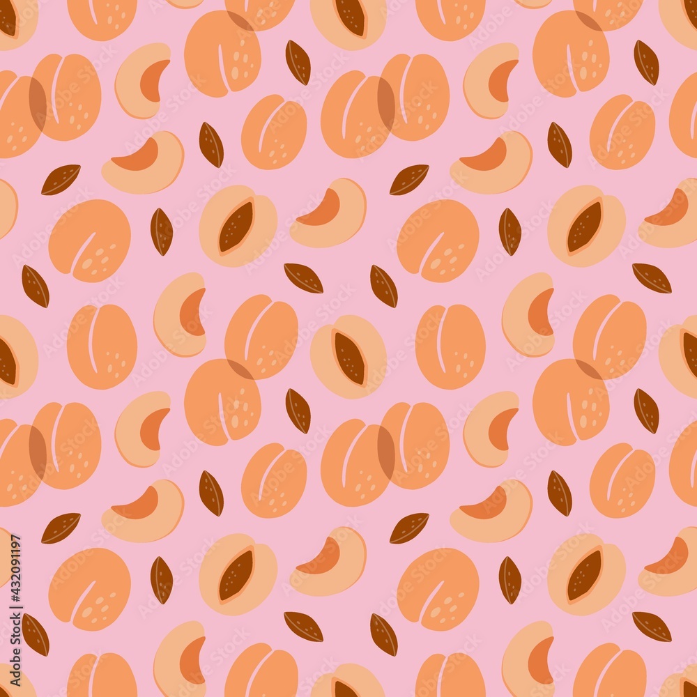 Apricot seamless pattern. Exotic tropical peaches or apricots fresh fruit on pastel background. Whole juicy peach with green leaves. Decor textile, wrapping paper wallpaper vector print or fabric