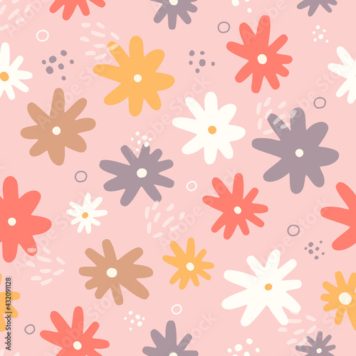 Seamless pattern with chamomiles. Great for fabric, textile, gift wrap. Colorful background. 