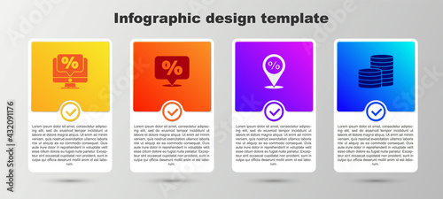 Set Percent discount and monitor, Discount percent tag, Location with and Coin money. Business infographic template. Vector
