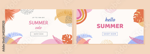 Colorful summer banner set with tropical leaves. Trendy abstract horizontal poster template with palm and geometric elements pattern. Modern summer sale background design, discount voucher, ad. Vector