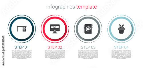 Set Office desk, Monitor with text work, Address book and Plant in pot. Business infographic template. Vector
