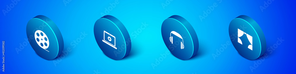 Set Isometric Film reel, Headphones, Curtain and Online play video icon. Vector Set Isometric Film reel, Headphones, Curtain and Online play video icon. Vector