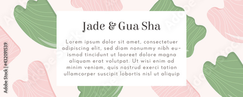 Web Banner Rose Quartz Gua Sha and Jade. Scraping massage tool. Natural pink and green stone scraper. Vector background for Anti-aging Facial Lifting with place for text. Trendy skin care method. Flat
