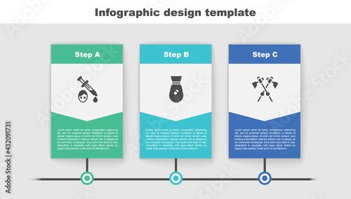 Set Sword with blood, Old money bag and Crossed medieval axes. Business infographic template. Vector