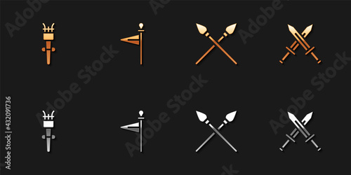Set Torch flame, Medieval flag, Crossed medieval spears and sword icon. Vector