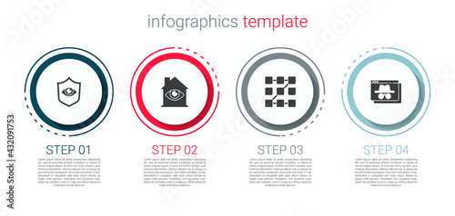 Set Shield and eye, House with scan, Graphic password protection and Browser incognito window. Business infographic template. Vector