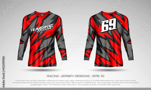 Long sleeve t-shirt design template, Motocross racing jersey mockup. Sport uniform front and back view