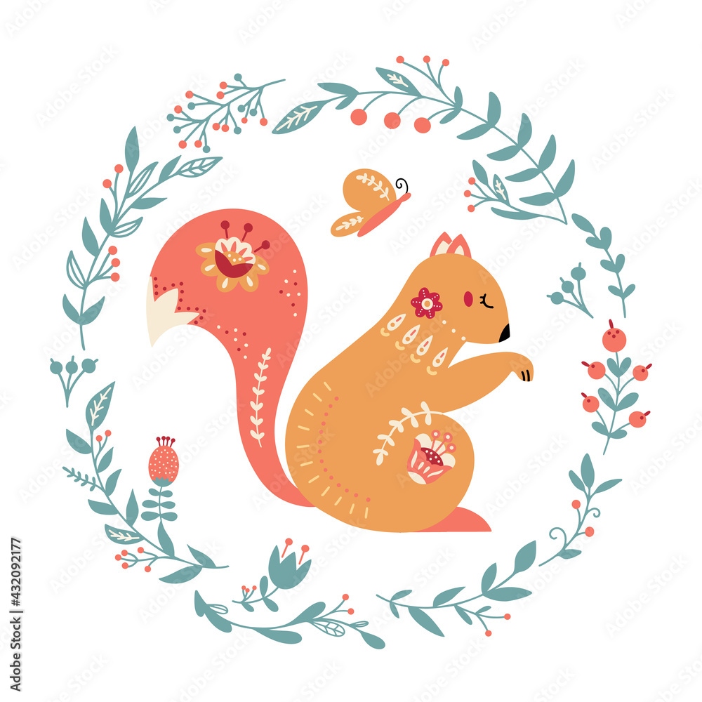 Vector squirel in scandinavian style Folk forest animal Vector squirel in scandinavian style Folk forest animal