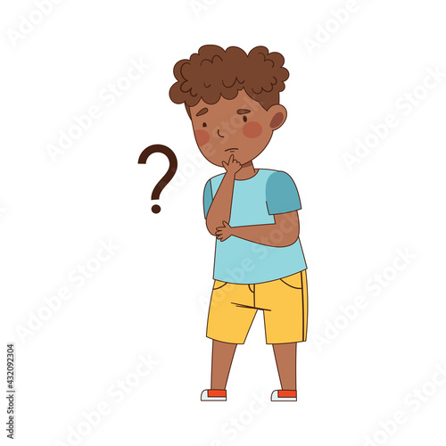 Puzzled Little African American Boy with Question Mark Scratching His Chin Wondering Vector Illustration