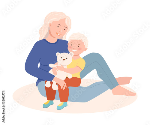 Young Mother Embracing Her Little Son Holding Teddy Bear Vector Illustration