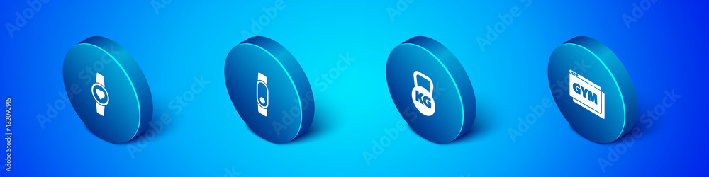 Set Isometric Smartwatch, Kettlebell, Online fitness and training and icon. Vector Set Isometric Smartwatch, Kettlebell, Online fitness and training and icon. Vector