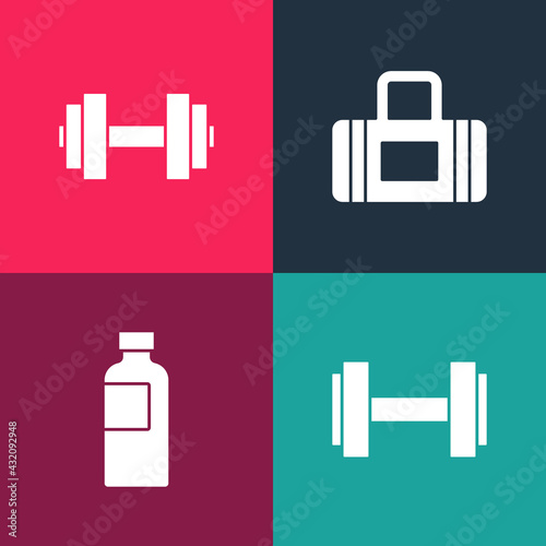Set pop art Dumbbell, Fitness shaker, Sport bag and icon. Vector