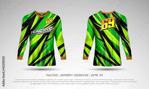 Long sleeve t-shirt design template, Motocross racing jersey mockup. Sport uniform front and back view