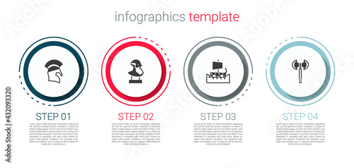 Set Greek helmet, Ancient bust sculpture, trireme and Medieval axe. Business infographic template. Vector