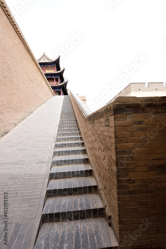 A staircase that leads to the guard tower of The Jiayuguan Forte.