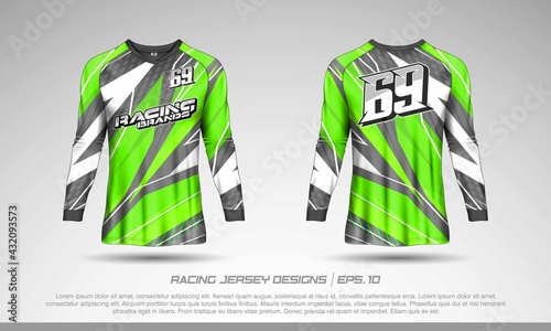 Long sleeve t-shirt design template, Motocross racing jersey mockup. Sport uniform front and back view