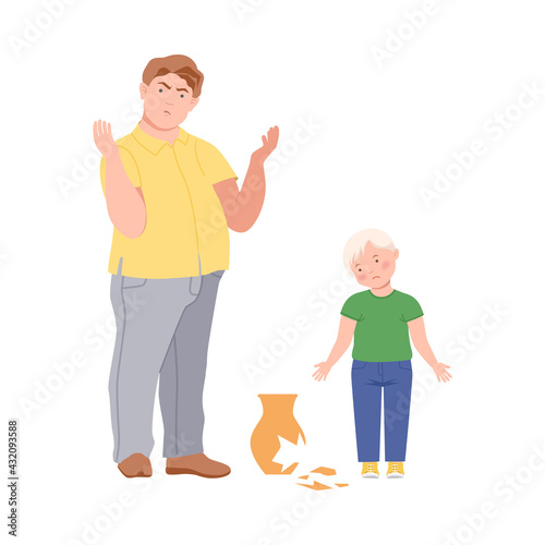 Annoyed Dad Scolding His Son for Broken Vase Vector Illustration