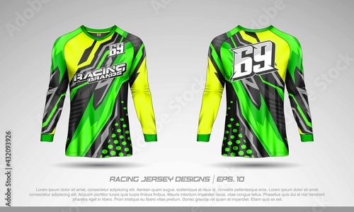 Long sleeve t-shirt design template, Motocross racing jersey mockup. Sport uniform front and back view