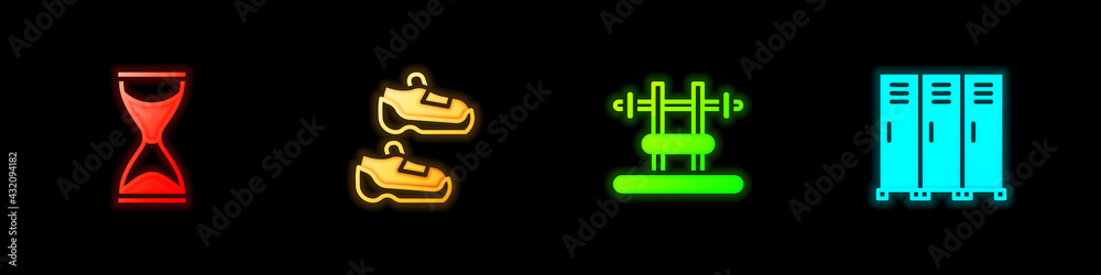 Set Old hourglass, Sport sneakers, Bench with barbel and Locker changing room icon. Vector Set Old hourglass, Sport sneakers, Bench with barbel and Locker changing room icon. Vector