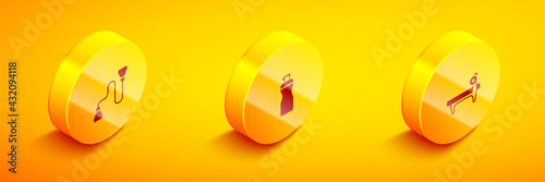 Set Isometric Chest expander, Fitness shaker and Bench with barbel icon. Vector