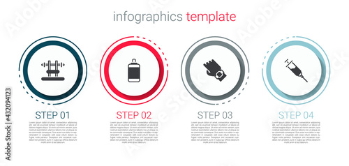 Set Bench with barbel, Punching bag, Smart watch on hand and Doping syringe. Business infographic template. Vector
