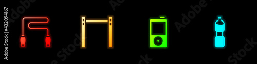 Set Jump rope, Horizontal bar, Music player and Bottle of water icon. Vector