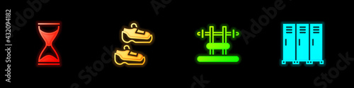 Set Old hourglass, Sport sneakers, Bench with barbel and Locker changing room icon. Vector