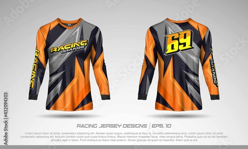 Long sleeve t-shirt design template, Motocross racing jersey mockup. Sport uniform front and back view