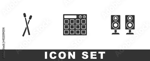 Set Drum sticks, machine and Stereo speaker icon. Vector