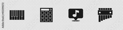 Set Grand piano, Drum machine, Musical note and Pan flute icon. Vector