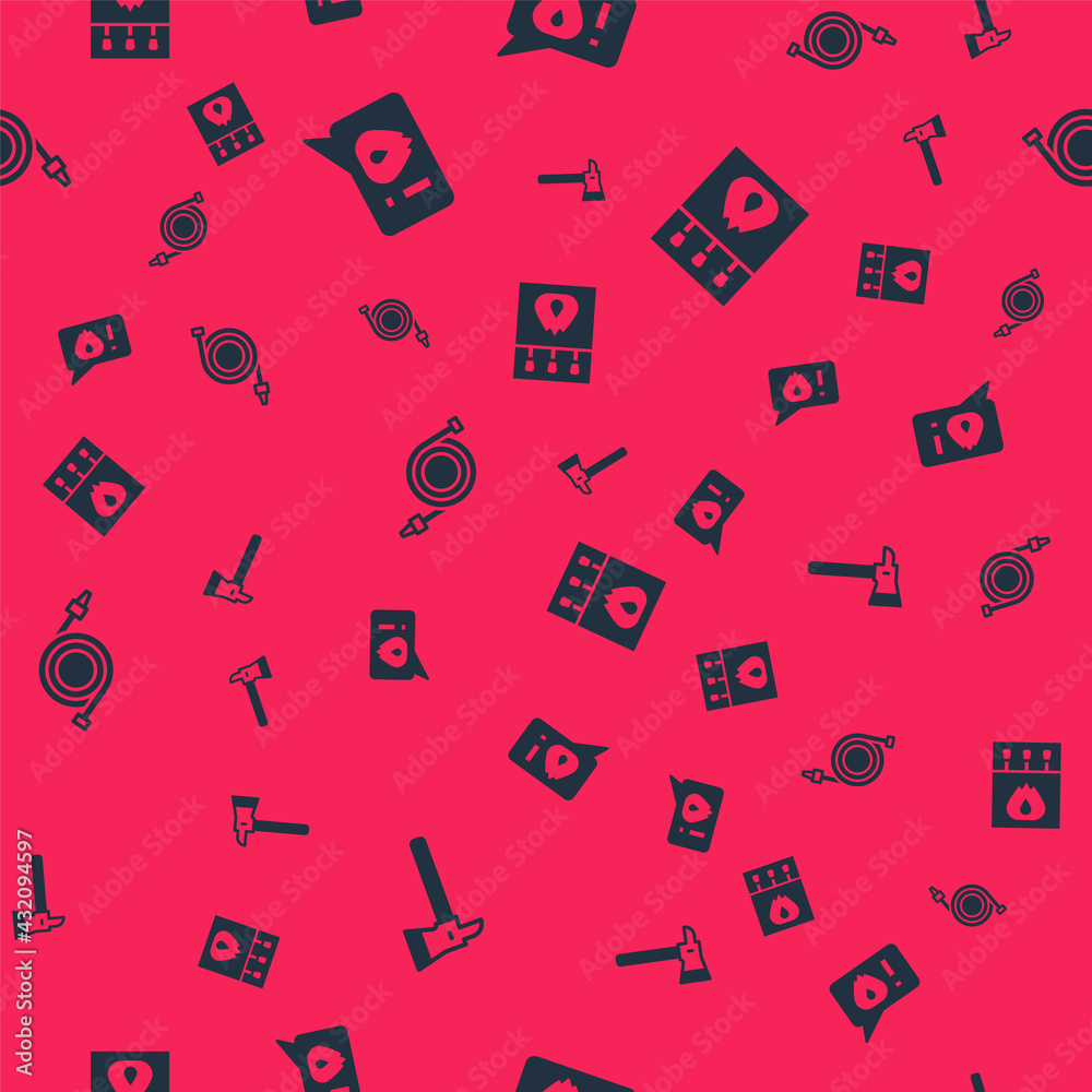 Set Firefighter axe, Telephone call 911, hose reel and Matchbox and matches on seamless pattern. Vector Set Firefighter axe, Telephone call 911, hose reel and Matchbox and matches on seamless pattern. Vector