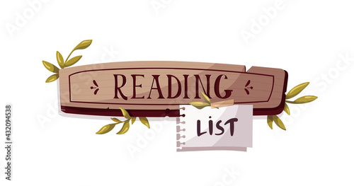Reading list sign with hand drawn lettering for Bookstore, bookshop, library, book lover, bibliophile. Isolated vector illustration for card, postcard, poster, banner.