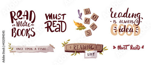 Set with hand drawn lettering and signs for reading, bookstore, bookshop, library, book lover, bibliophile. Isolated vector illustration for card, postcard, poster, banner. photo