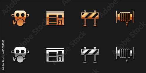 Set Gas mask, Building of fire station, Road barrier and Fire hose reel icon. Vector