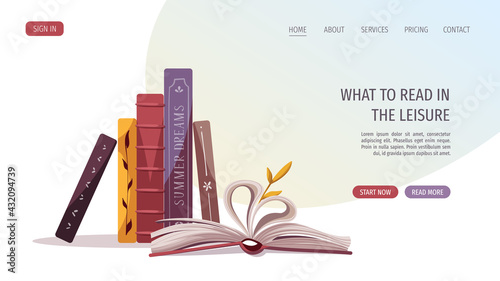 Reading set with books. Bookstore, bookshop, library, book lover, bibliophile, education concept. Vector illustration for poster, banner, website, advertising.