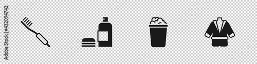 Set Toothbrush, Bottle of shampoo, Bucket with soap suds and Bathrobe icon. Vector