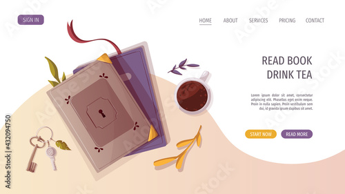 Books with lock, keys and cup of tea. Bookstore, bookshop, library, book lover concept. Vector illustration for poster, banner, website.