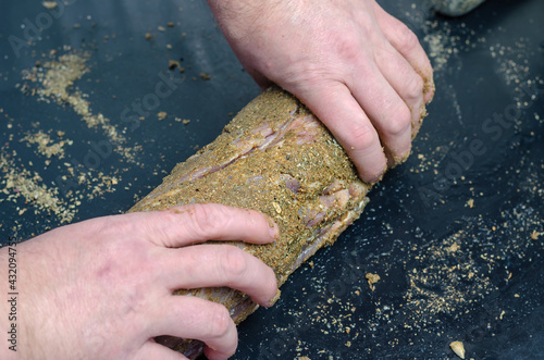 Homemade Capicola (coppa). Dry-cured pork loin step-by-step recipe. photo