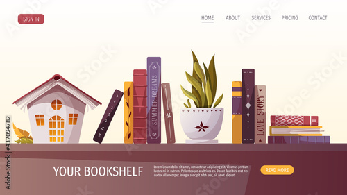 Reading set with books, decorative house, houseplant. Bookstore, bookshop, library, book lover, bibliophile, education concept. Vector illustration for poster, banner, website, advertising.
