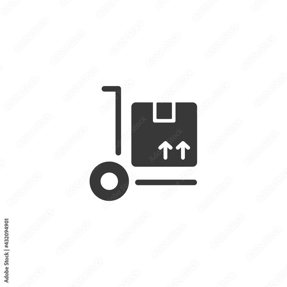 Delivery handcart. Shipping cart with box. Isolated icon. Commerce glyph vector illustration Delivery handcart. Shipping cart with box. Isolated icon. Commerce glyph vector illustration