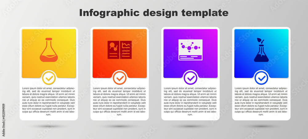 Set Test tube and flask, Clinical record, Chemical formula and Plant breeding. Business infographic template. Vector Set Test tube and flask, Clinical record, Chemical formula and Plant breeding. Business infographic template. Vector